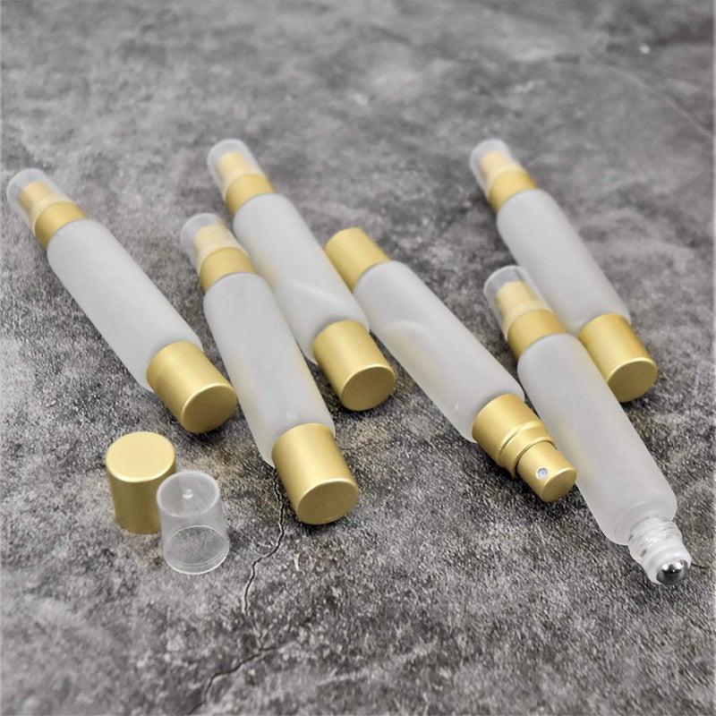 holistic oils 6-Pack Frosted Clear Glass Bottles with Dual Ends â€“ Sprayer & Roller Tops â€“ Leakproof, Quality Essential Oil & Perfume Bottles with Elegant Gold Accents â€“ Refillable Custom Blend Containers - Image 2